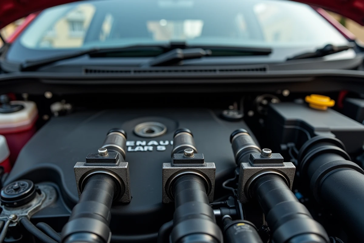 Gros plan sur les injecteurs et le moteur d'une Clio 5 avec le voyant injection allumé visible en arrière-plan