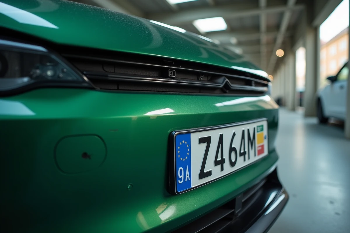 Gros plan sur une plaque d'immatriculation verte apposée sur le pare-choc d'un véhicule électrique