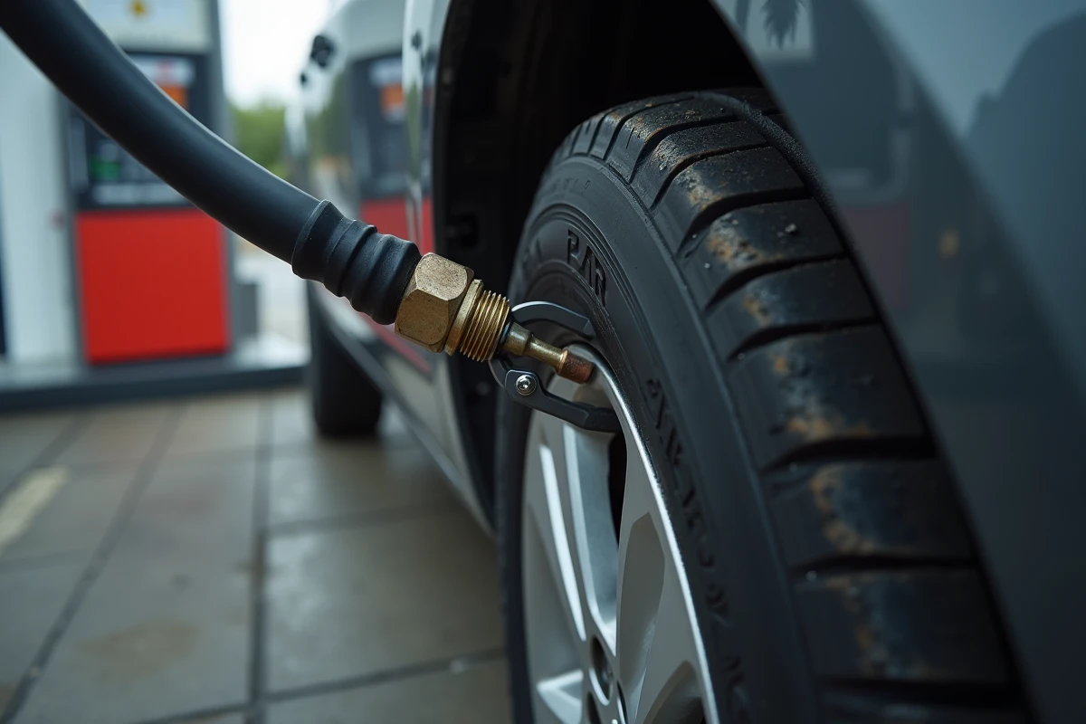 Gros plan sur la valve d'un pneu connectée à un compresseur d'air lors d'un gonflage en station-service
