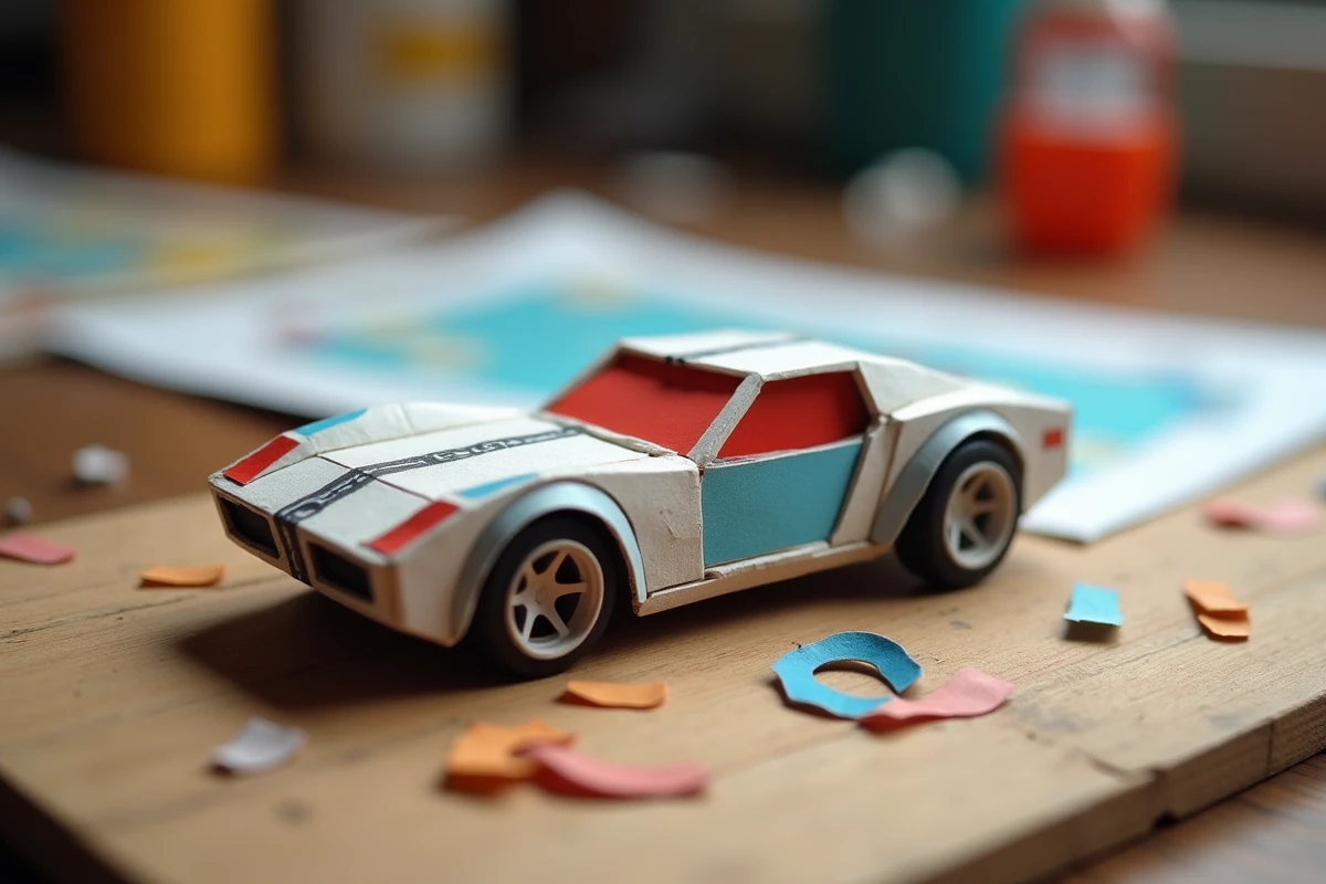 Gros plan d'une petite voiture en papier assemblée et coloriée posée sur un bureau en bois, modèle réduit fait main