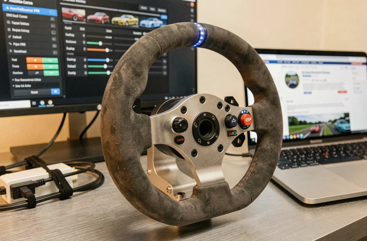 Gros plan sur volant de simulation racing avec hub quick-release et panneau de réglages FFB Assetto Corsa visible en arrière-plan