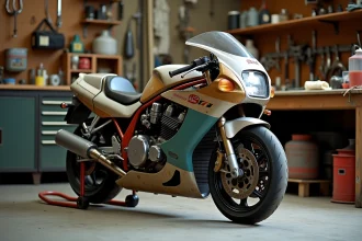 Suzuki GSX-R 1100 de 1992 avec carburateurs exposés dans un garage d'entretien authentique