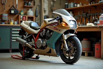 Suzuki GSX-R 1100 de 1992 avec carburateurs exposés dans un garage d'entretien authentique