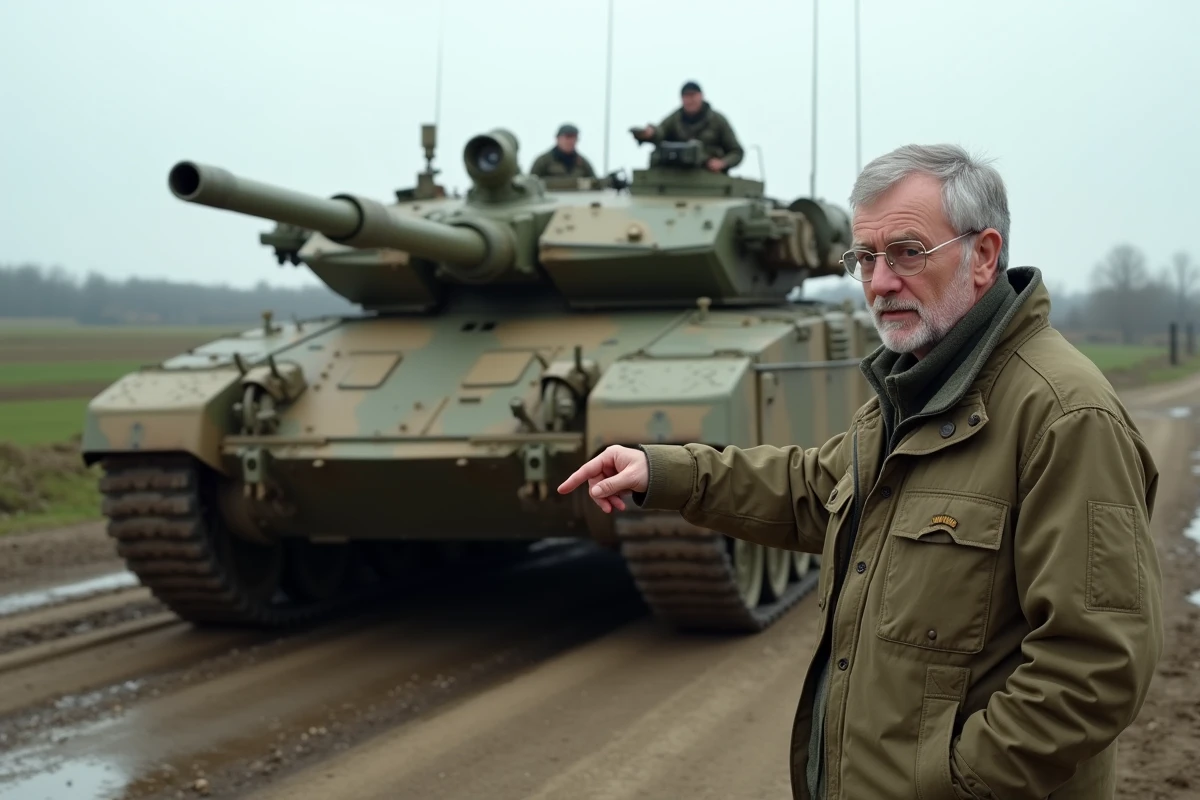 Historien militaire pointant un char Challenger 2 en extérieur