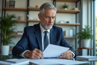 Homme d affaires en costume bleu examinant documents d assurance auto