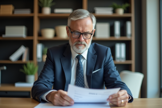 Homme d'affaires examinant documents d'assurance auto