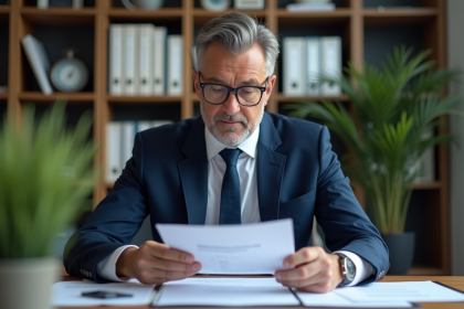 Homme d'affaires en costume bleu dans un bureau moderne