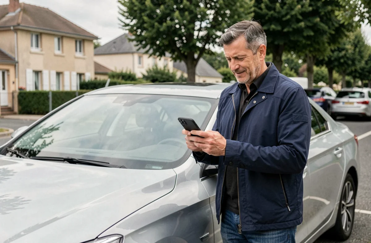 Homme consultant une application de comparaison d'assurance auto près de son véhicule