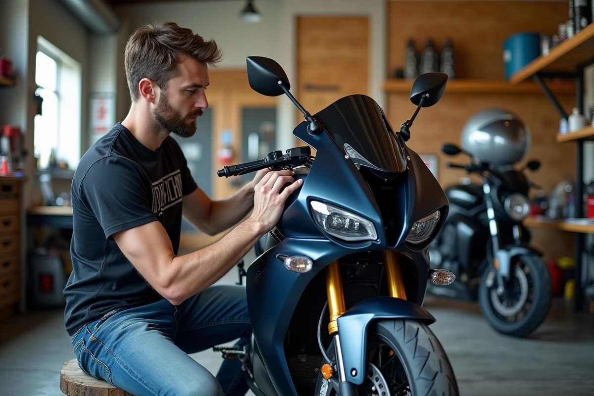 Homme appliquant un vinyle sur sa moto en atelier