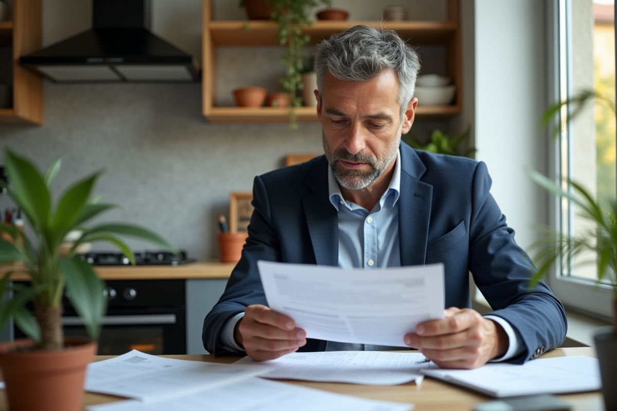 Homme d'âge moyen examinant des papiers auto à la maison