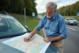 Homme d'âge moyen étudiant une carte des autoroutes françaises