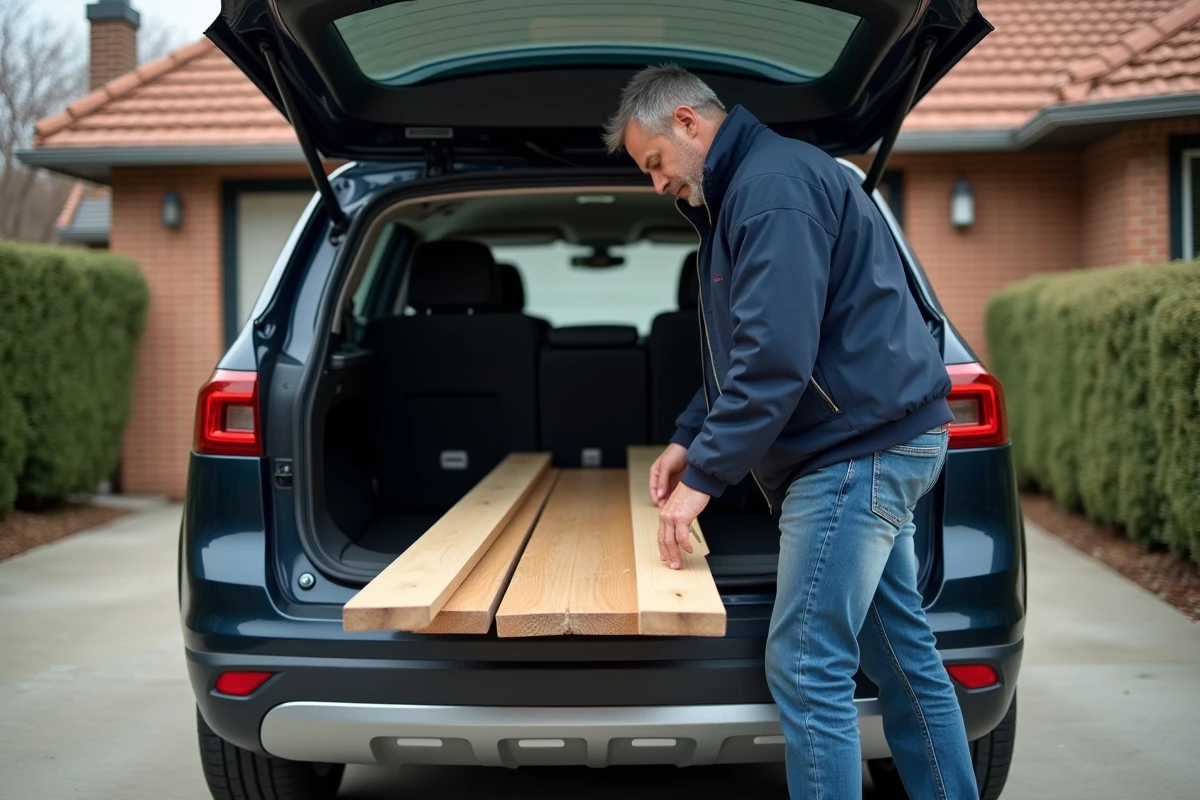 Homme arrangeant des planches en voiture dans une allée