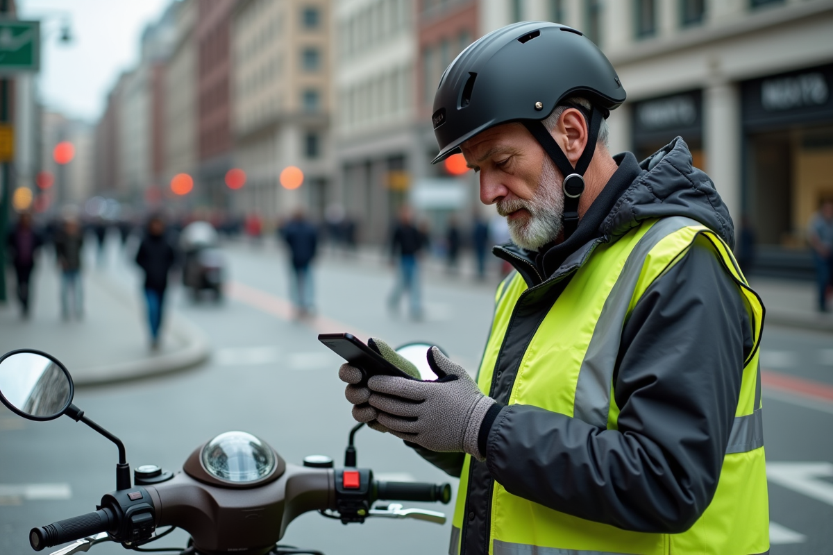 Homme vérifiant son smartphone à côté de son scooter