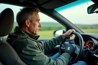 Homme d'âge moyen conduisant une voiture moderne sur l'autoroute
