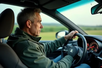 Homme d'âge moyen conduisant une voiture moderne sur l'autoroute