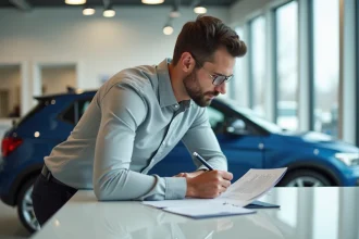 Homme en concession automobile examinant un contrat de leasing ou de LOA pour un véhicule Seat ATK