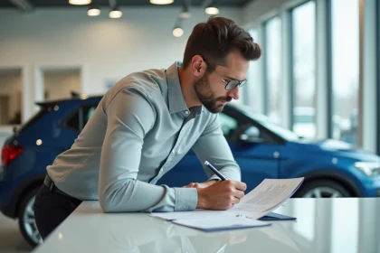 Homme en concession automobile examinant un contrat de leasing ou de LOA pour un véhicule Seat ATK