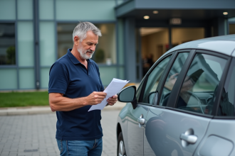 Homme vérifiant documents de voiture devant centre auto