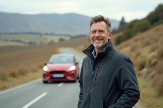 Homme souriant près d'un crossover sur route de campagne