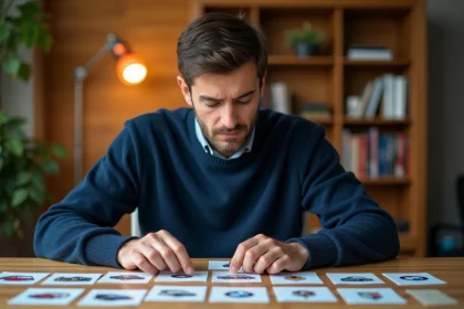 Homme étudiant des fiches mémo avec des logos de marques de voitures posées sur un bureau en bois dans un bureau à domicile
