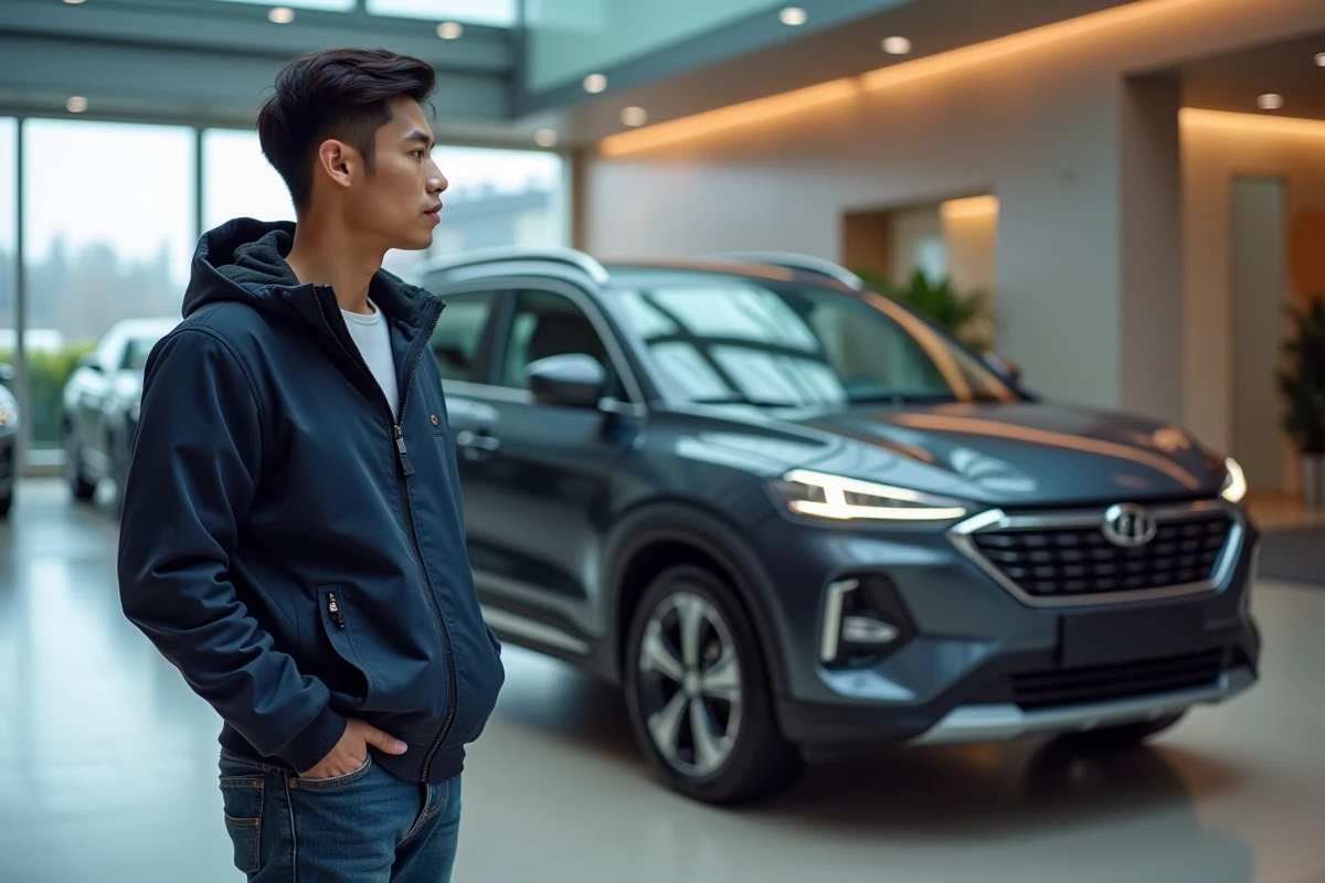 Homme en veste navy examinant un SUV asiatique compact dans un showroom automobile moderne
