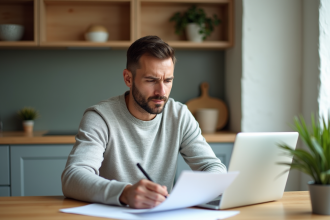 Homme concentré remplissant un formulaire dans la cuisine