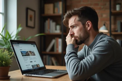 Homme frustré devant son ordinateur portable regardant une annonce Leboncoin payante qui n'apparaît pas en tête de liste