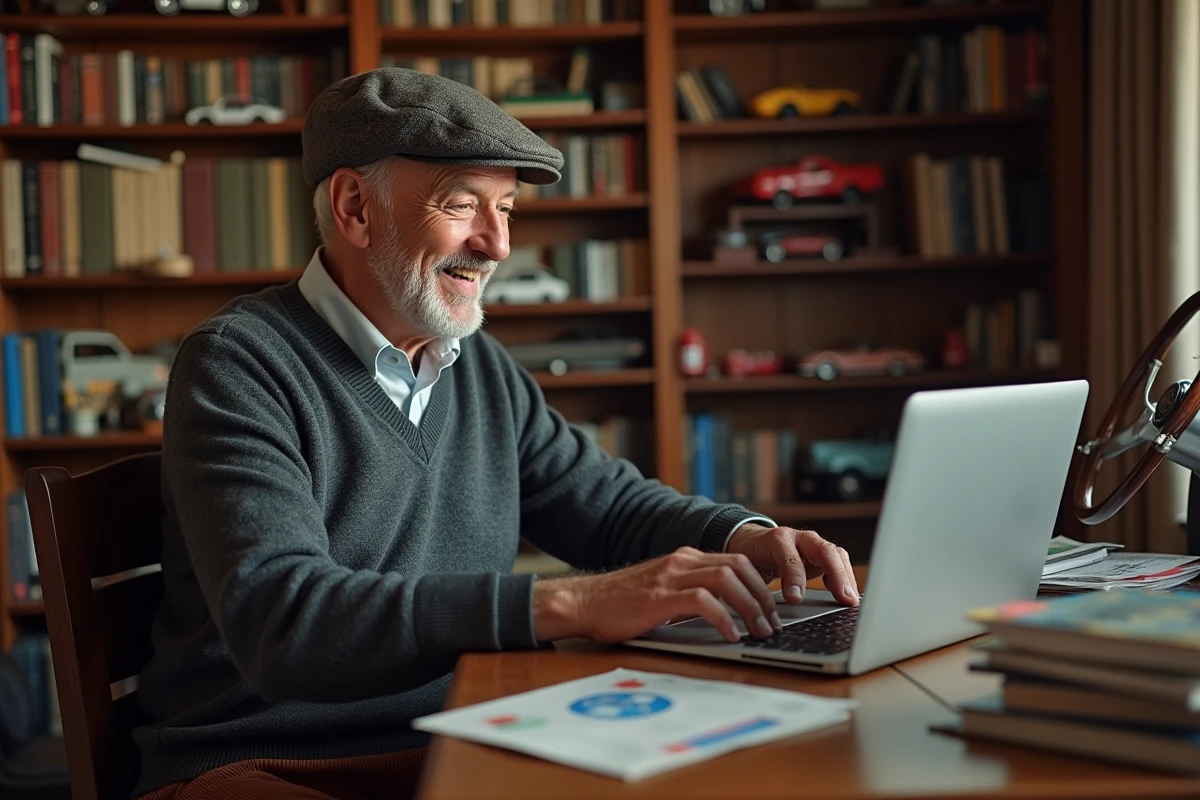 Homme âgé lisant annonces de voitures classiques à son bureau