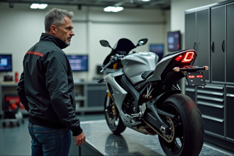 Homme en veste moto regardant un test dyno de moto