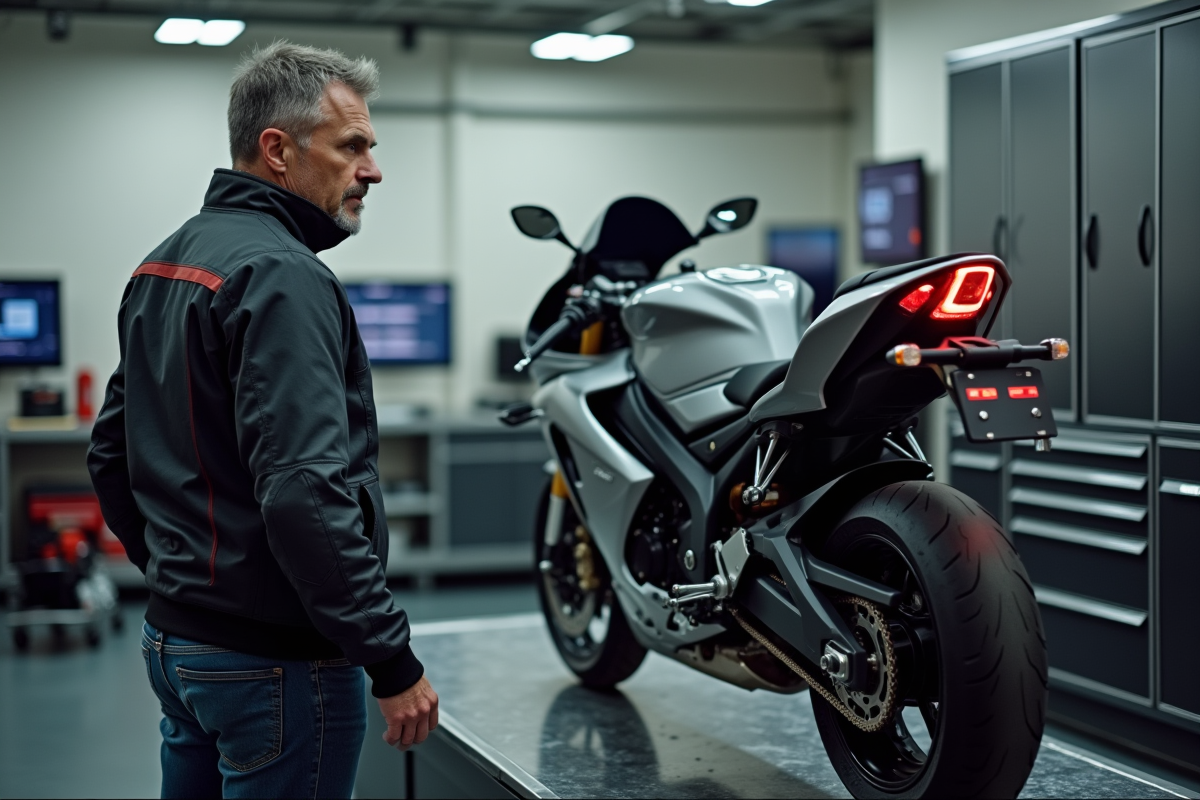Homme en veste moto regardant un test dyno de moto