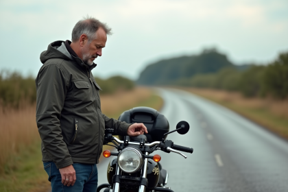 Homme d'âge moyen vérifiant l'odomètre d'une moto de voyage en campagne