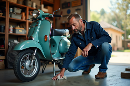 Homme d'âge moyen nettoyant une mobylette Dax dans un garage organisé