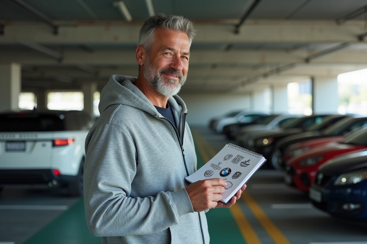 Homme dans un parking comparant ses croquis de logos de marques de voitures aux badges réels sur les véhicules
