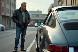 Homme d'âge moyen à côté d'une Porsche 911 en ville