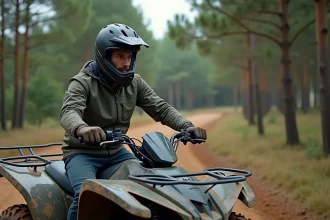 Homme équipé d'un casque intégral et de gants conduit un quad sur un chemin de terre en forêt