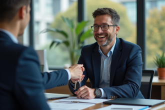 Homme souriant remettant des clés à un agent d'assurance