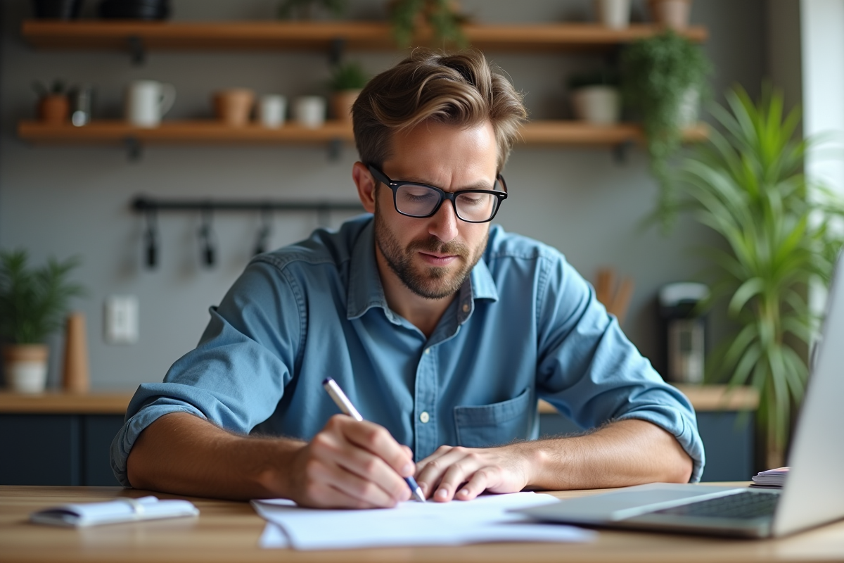 Homme d'âge moyen remplissant papiers de voiture à la maison
