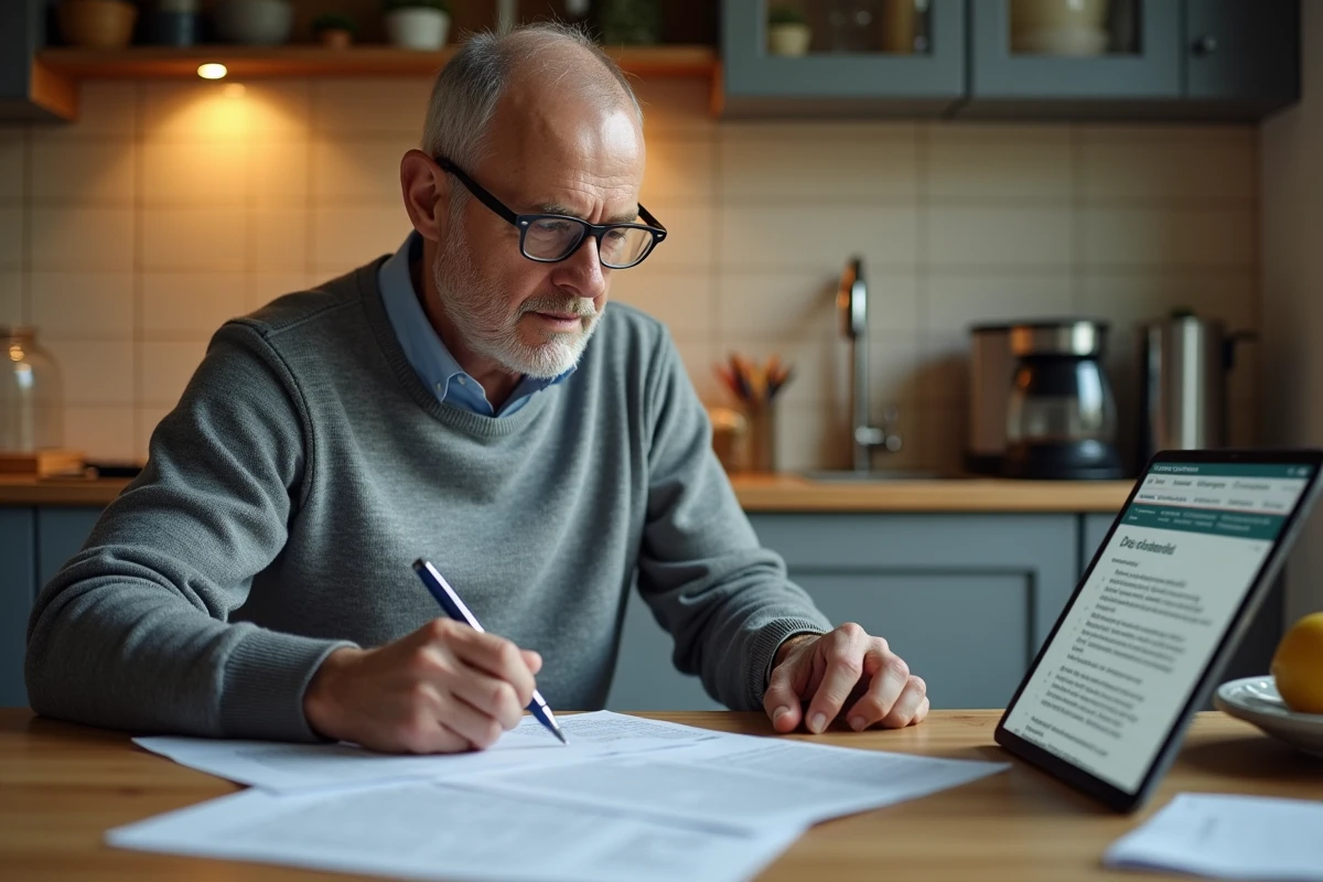 Homme à la retraite analysant des documents financiers liés à la protection des données et aux économies potentielles via lppd conseil