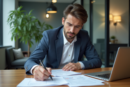 Homme en bureau examinant un rapport de frais voiture