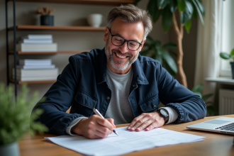 Homme d'âge moyen souriant remplissant un formulaire d'inscription à domicile