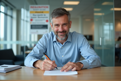 Homme d'âge moyen signant des papiers dans un bureau officiel