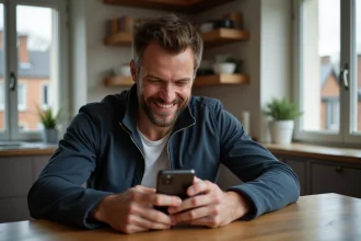 Homme souriant utilisant son smartphone dans un appartement moderne