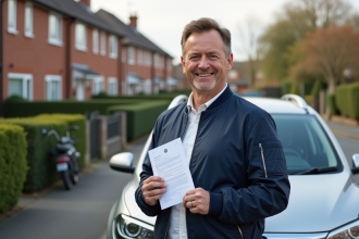 Homme souriant avec document d'assurance auto devant sa voiture