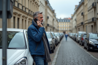 Homme d'âge moyen au téléphone dans une rue urbaine française