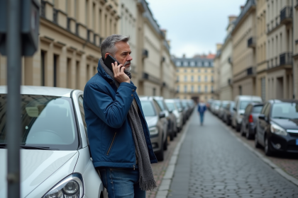 Homme d'âge moyen au téléphone dans une rue urbaine française