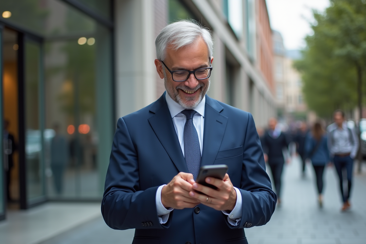 Homme en costume vérifiant son application bancaire en ville