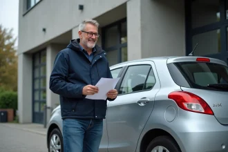 Homme d'âge moyen devant sa voiture lors d'un contrôle technique