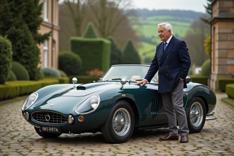Homme en veste navy avec voiture vintage en campagne