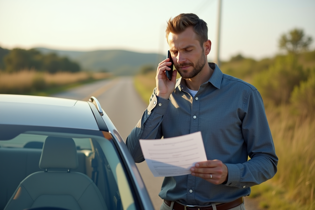 Homme d'affaires au téléphone près de sa voiture en campagne