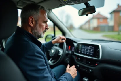 Homme d'âge moyen regardant le tableau de bord de la voiture